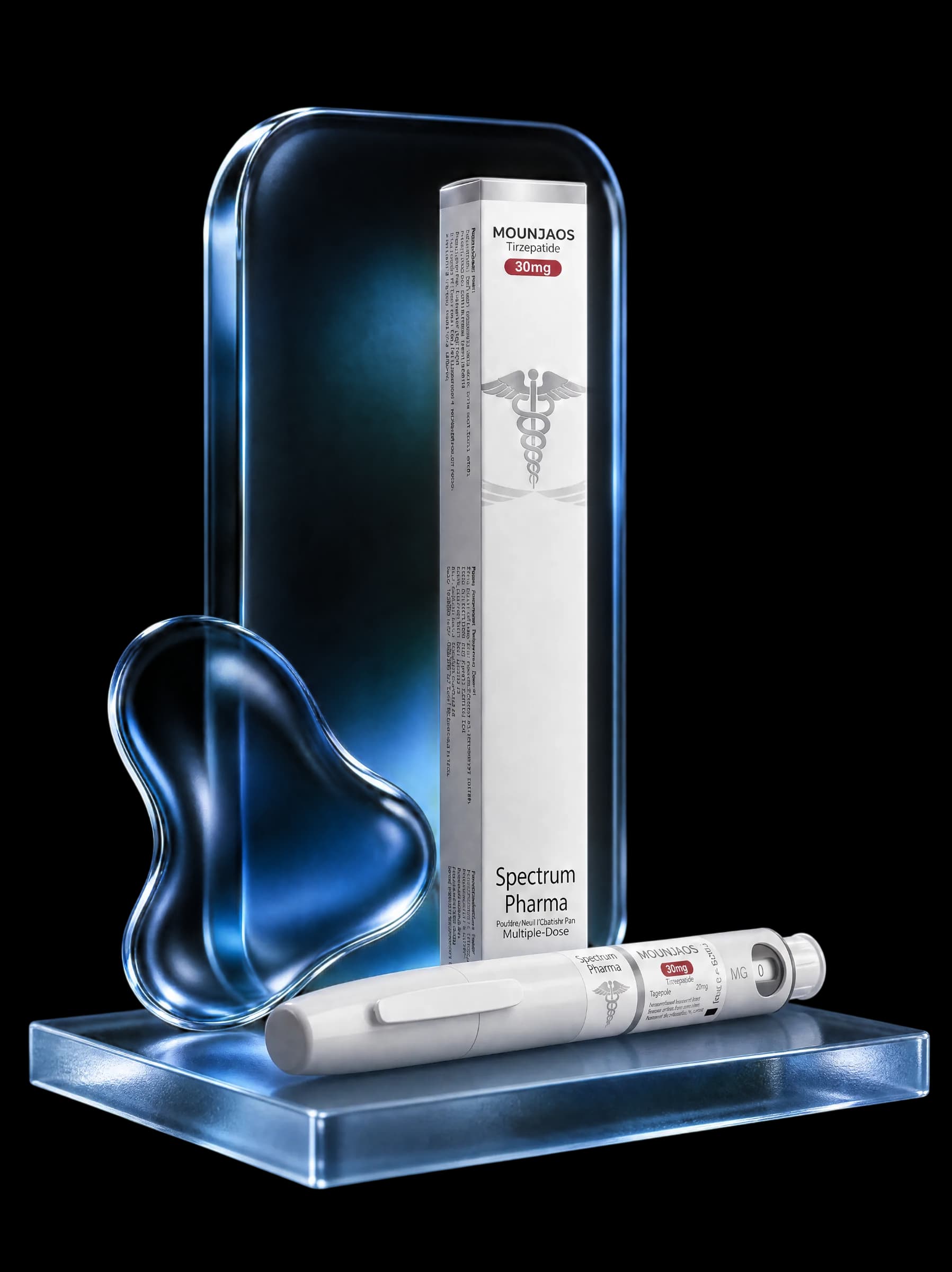 Mounjaro 30 mg carton and KwikPen on a glass podium